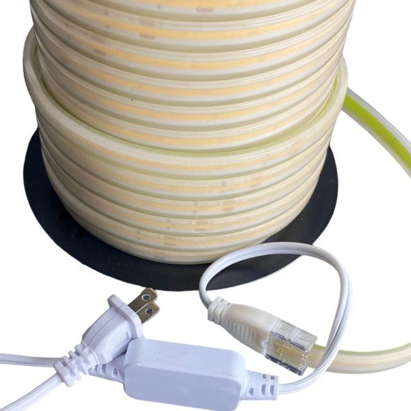 Close-up view of 110V COB LED strip connector for emergency signage applications