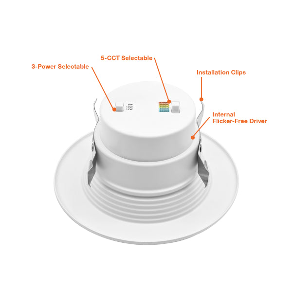 4 inch baffle 5CCT LED recessed retrofit featuring energy-saving technologies and performance specifications