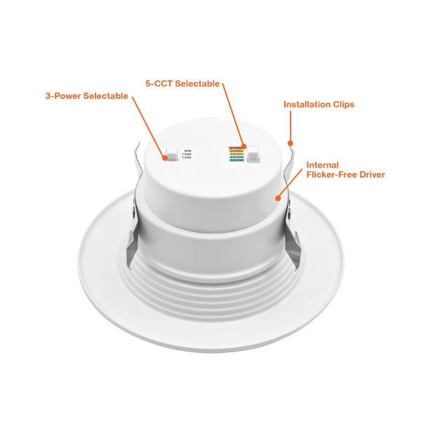 4 inch baffle 5CCT LED recessed retrofit featuring energy-saving technologies and performance specifications