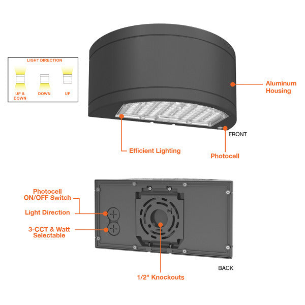 48/64/80W Tri-Color Semi-Circle Up/Down Wall Pack - Envision LED