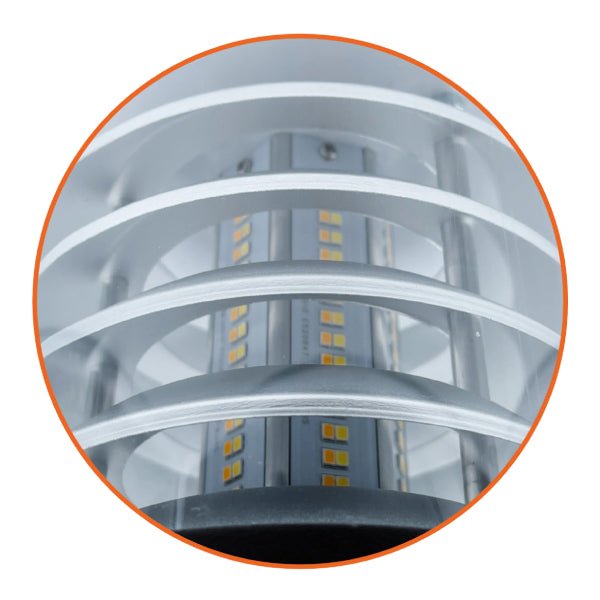 Close-up of louver top design on LED bollard for enhanced performance