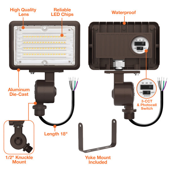 15W Tri-Color Knuckle Mount LED Flood Light w/ Integrated Photocell - Envision LED
