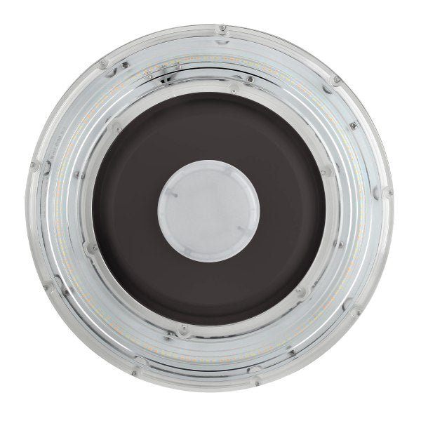 Front view of round slim bronze 5CCT canopy LED light for commercial use
