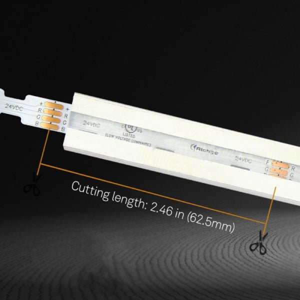 RGB neon LED strip cut point with emergency lighting capabilities for applications