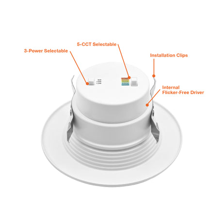 4 inch baffle 5CCT LED recessed retrofit featuring energy-saving technologies and performance specifications