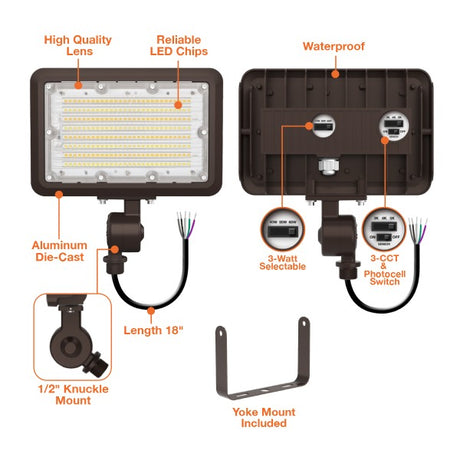 40/50/60W Tri-Power Tri-Color Knuckle Mount LED Flood Light w/ Photocell - Envision LED