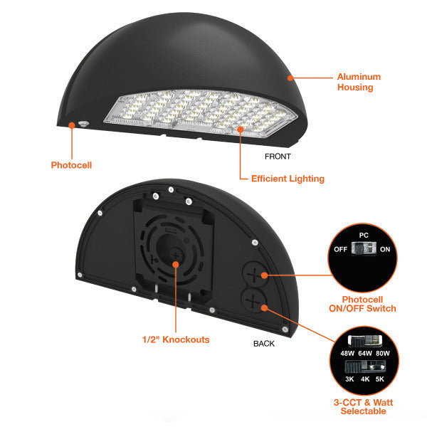 48/64/80W Tri-Color Semi-Circle Wall Pack w/ Photocell - Envision LED