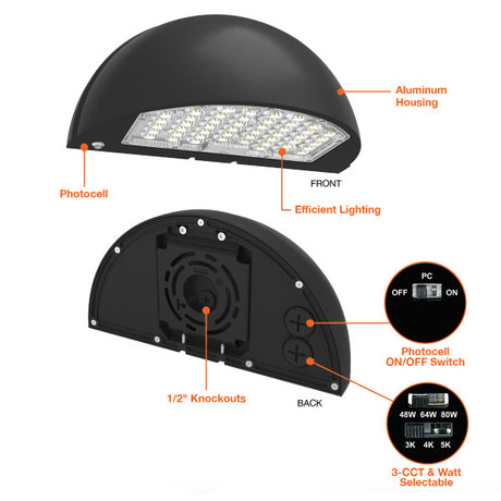 48/64/80W Tri-Color Semi-Circle Wall Pack w/ Photocell - Envision LED