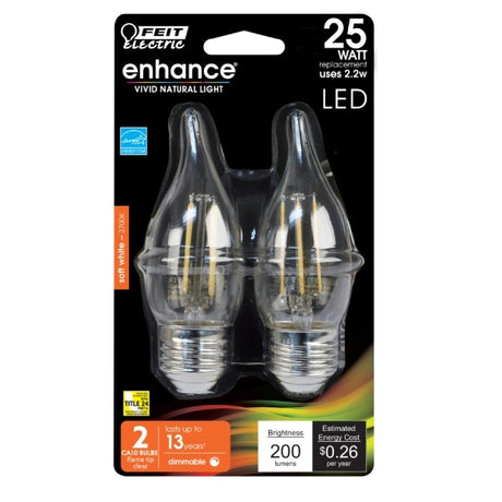 2.2W Flame Tip E26 Candelabra 2 Pack 2700K - Feit