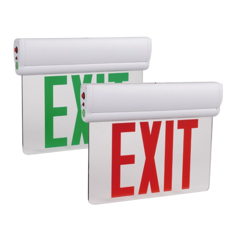 White Single Face Edge Lit Glass Exit Sign w/ Battery Back up