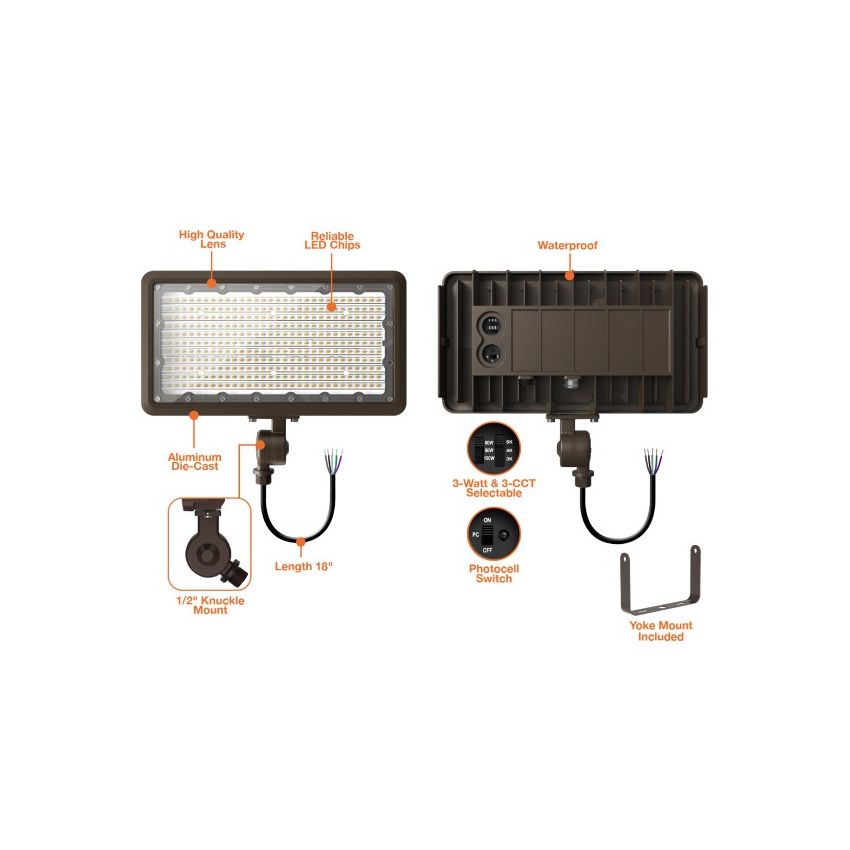 100/120/150W Tri-Power Tri-Color Knuckle Mount LED Flood Light w/ Photocell-ENV