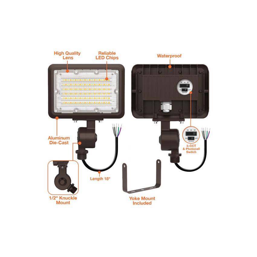 30W Tri-Color Knuckle Mount LED Flood Light w/ Integrated Photocell-ENV
