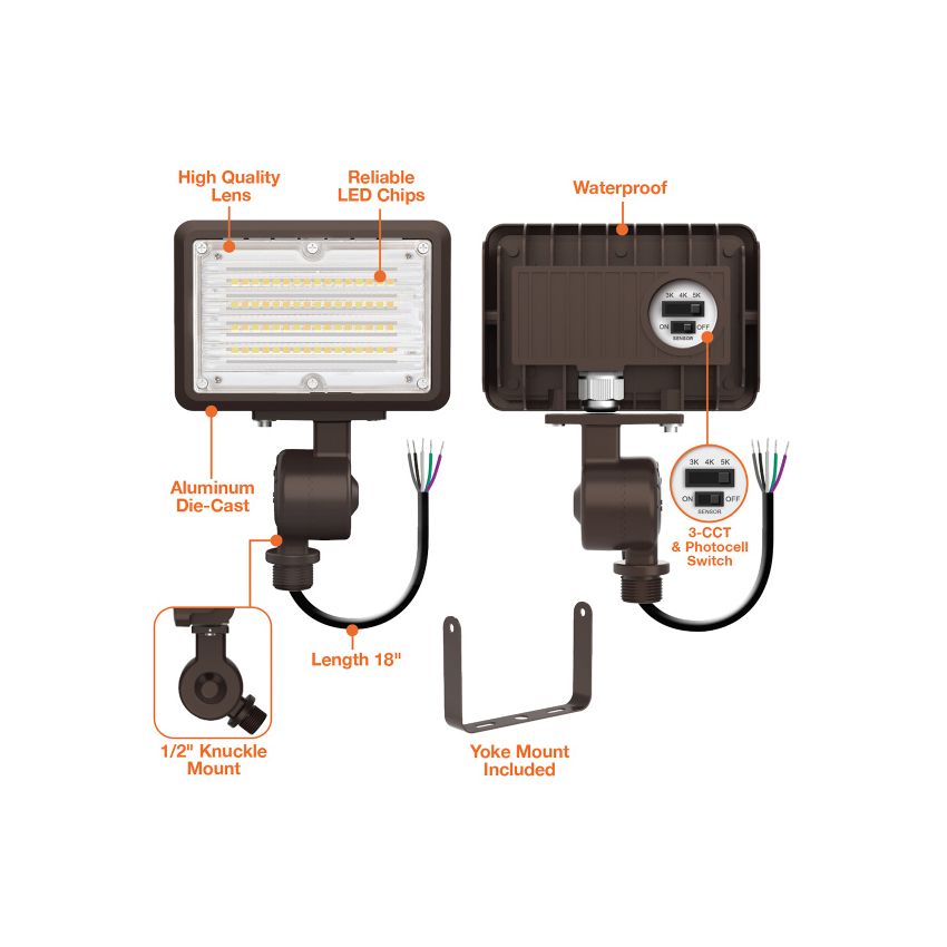 15W Tri-Color Knuckle Mount LED Flood Light w/ Integrated Photocell-ENV