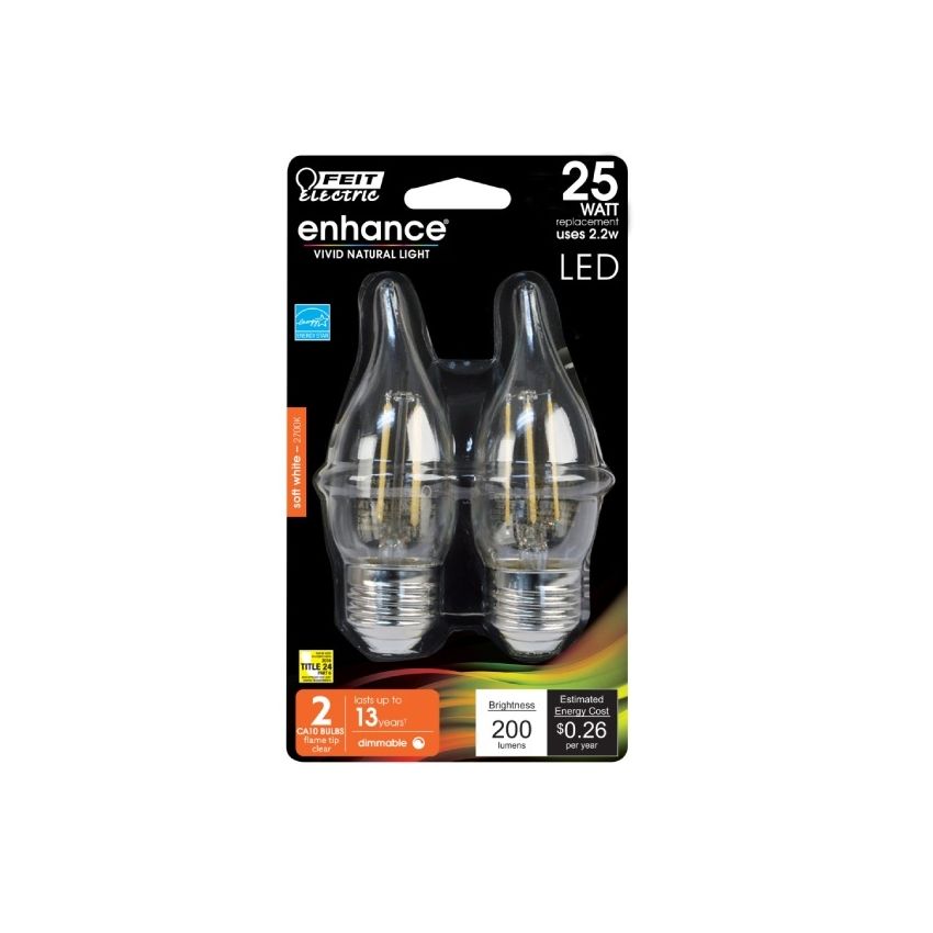 2.2W Flame Tip E26 Candelabra 2 Pack 2700K-FT