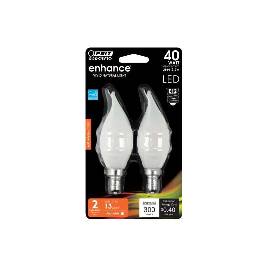 3.3W Frosted Flame Tip Candelabra 2 Pack 2700K-FT