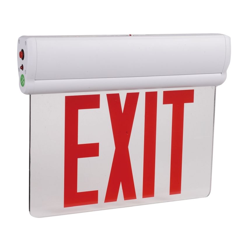 White Single Face Edge Lit Glass Exit Sign w/ Battery Back up
