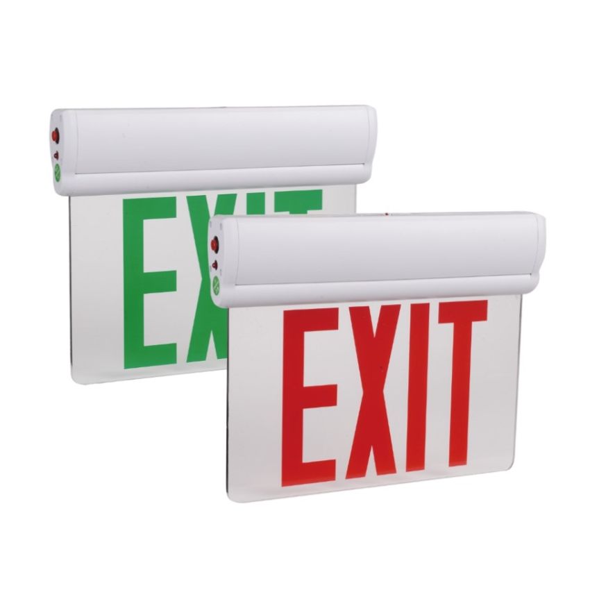 White Single Face Edge Lit Glass Exit Sign w/ Battery Back up