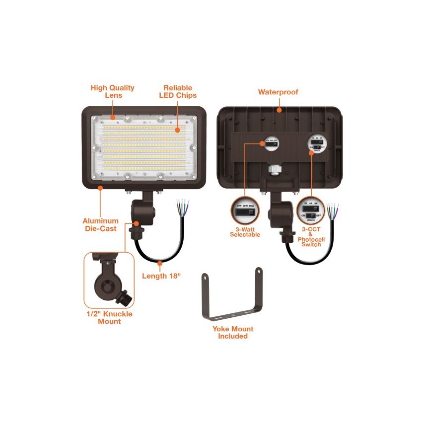 40/50/60W Tri-Power Tri-Color Knuckle Mount LED Flood Light w/ Photocell-ENV