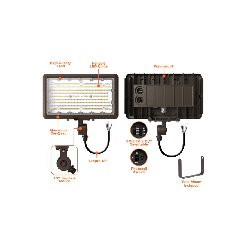 60/80/100W Tri-Power Tri-Color Knuckle Mount LED Flood Light w/ Photocell-ENV