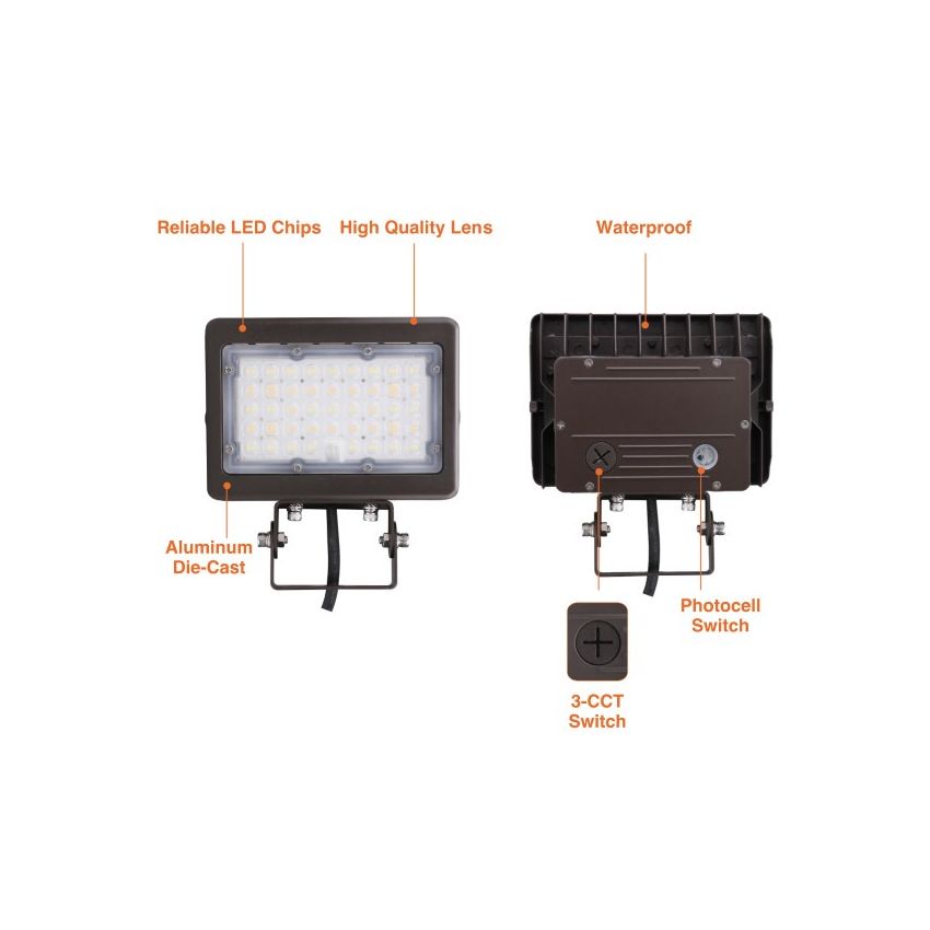 35W/50W Dual-Power Tri-Color Trunnion Mount LED Flood Light w/ Photocell-ENV
