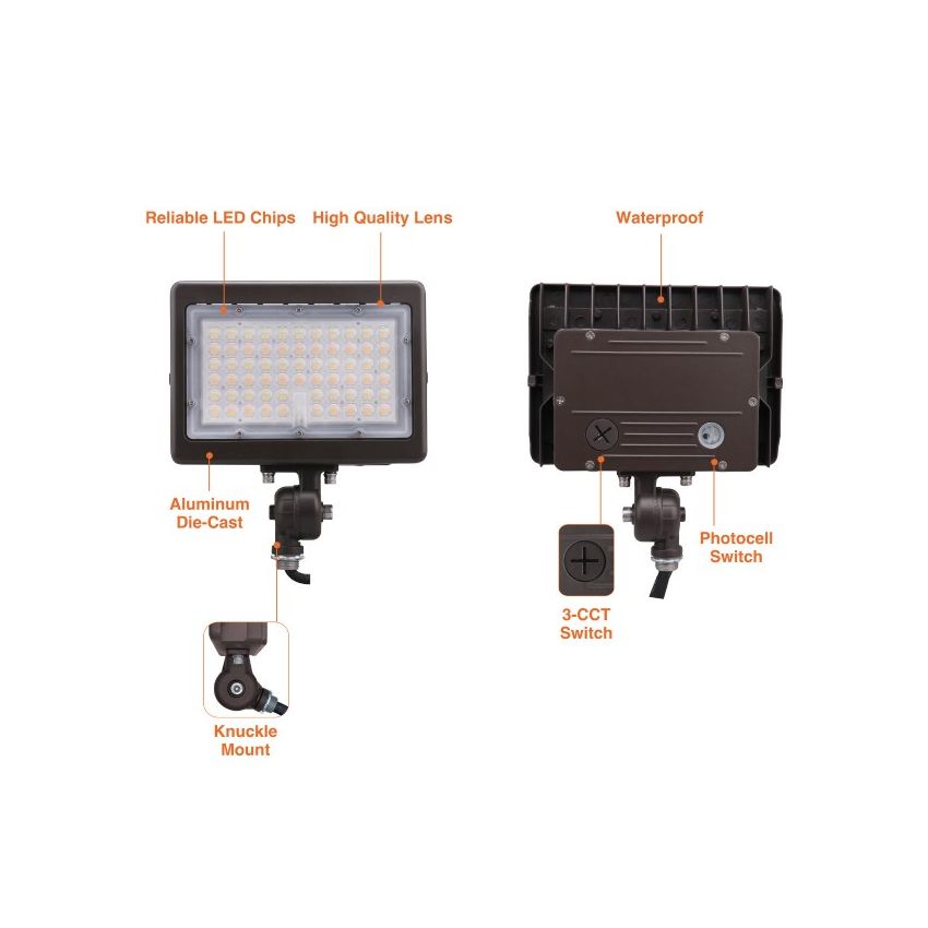 15W/30W Dual-Power Tri-Color Knuckle Mount LED Flood Light w/ Photocell-ENV