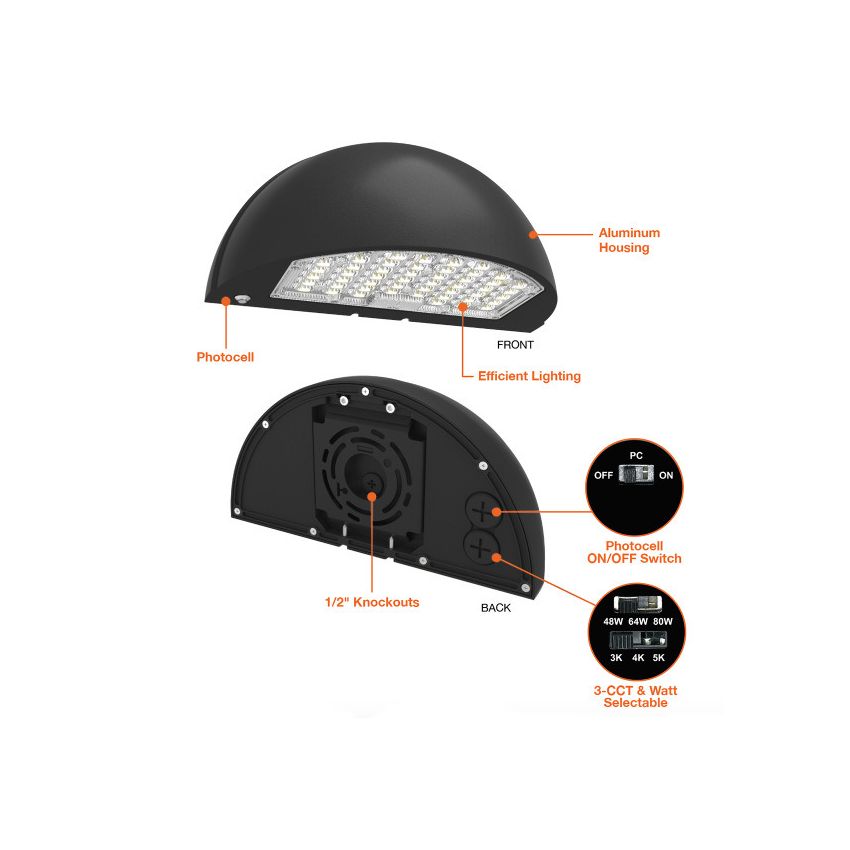 48/64/80W Tri-Color Semi-Circle Wall Pack w/ Photocell-ENV