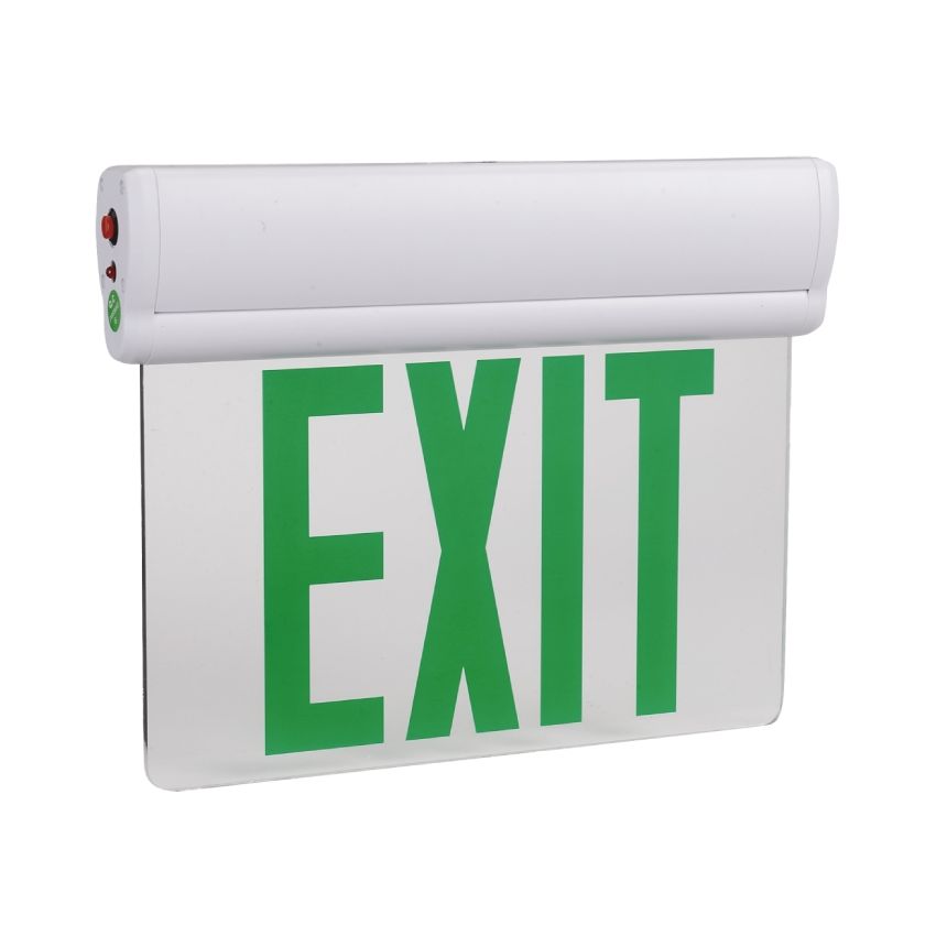 White Single Face Edge Lit Glass Exit Sign w/ Battery Back up